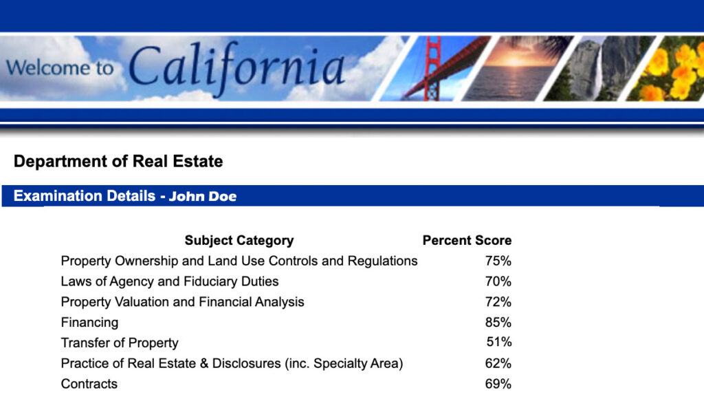 California DRE State Exam Results