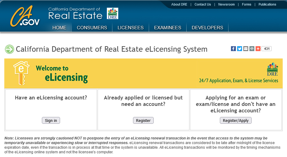 California Department of Real Estate eLicensing Portal