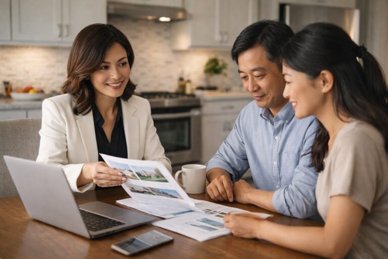 Chinese real estate agent meeting clients at a kitchen table in California