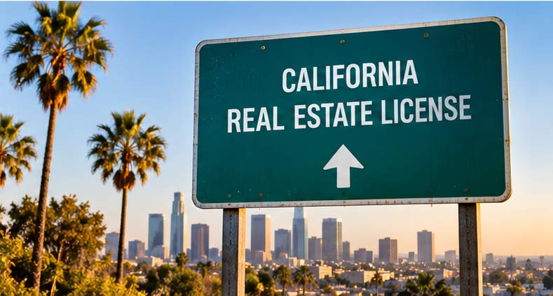 California real estate licensing concept with palm trees and a Los Angeles skyline