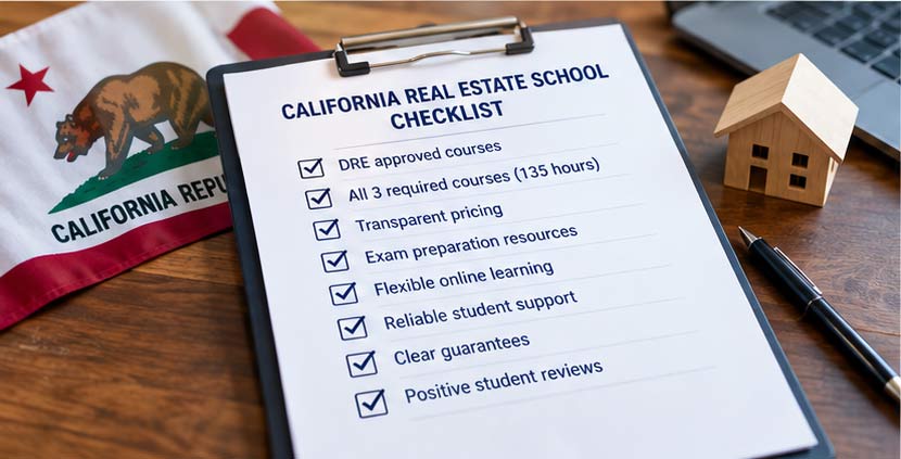 Checklist for comparing California real estate schools by DRE approval, pricing, exam preparation, and student support