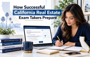 Student preparing for the California real estate exam with an online practice test, textbooks, and handwritten notes.