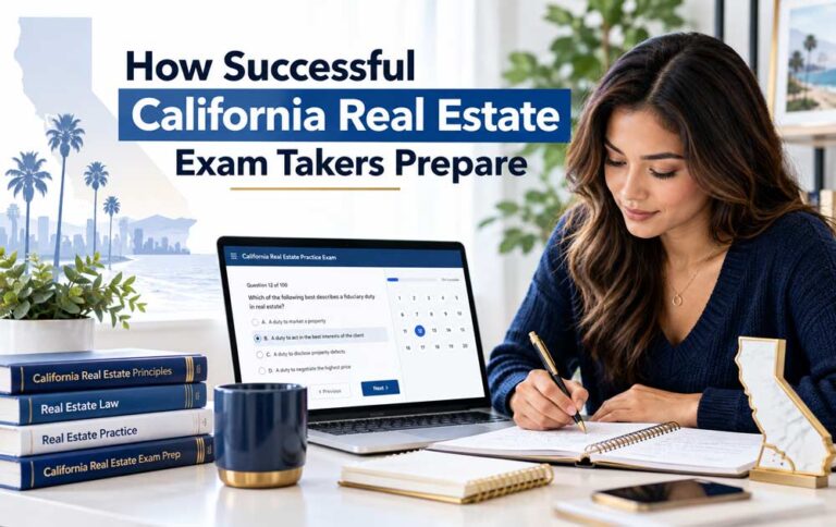 Student preparing for the California real estate exam with an online practice test, textbooks, and handwritten notes.