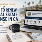 California real estate license renewal illustration featuring a laptop displaying the DRE renewal process, a California real estate license, and key topics including continuing education requirements, renewal deadlines, and step-by-step renewal instructions.