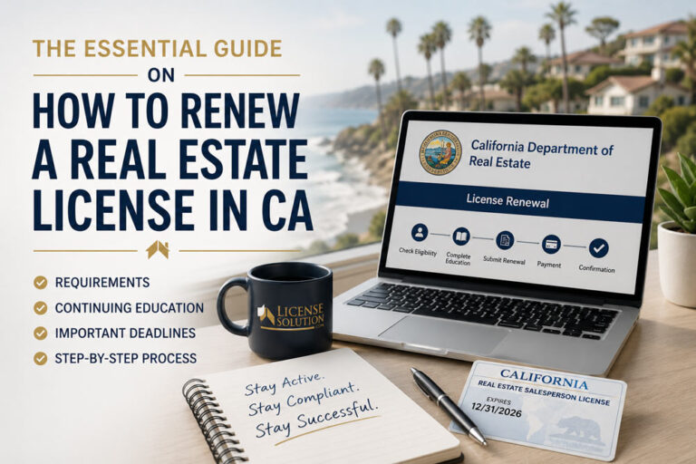 California real estate license renewal illustration featuring a laptop displaying the DRE renewal process, a California real estate license, and key topics including continuing education requirements, renewal deadlines, and step-by-step renewal instructions.