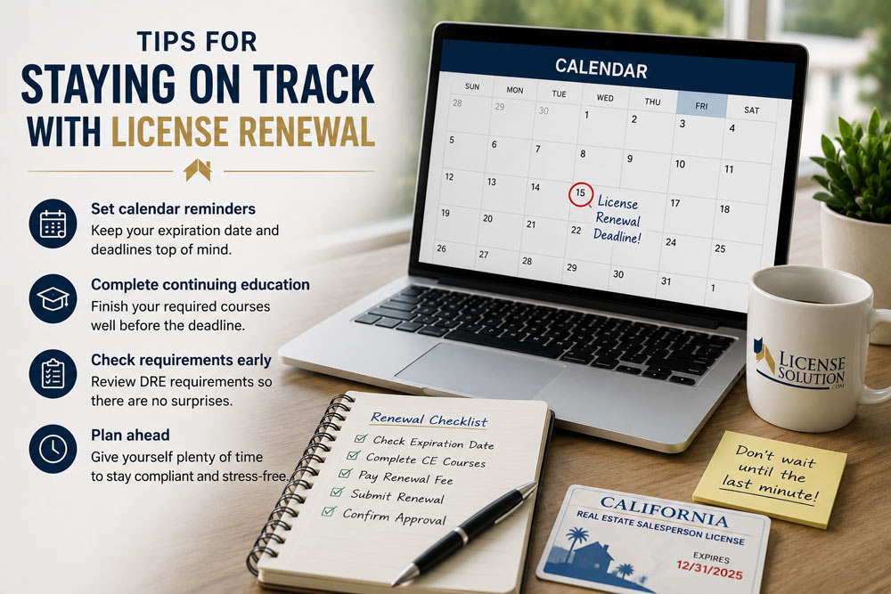 Real estate professional planning California license renewal with a calendar, renewal checklist, continuing education reminders, and important renewal deadlines.