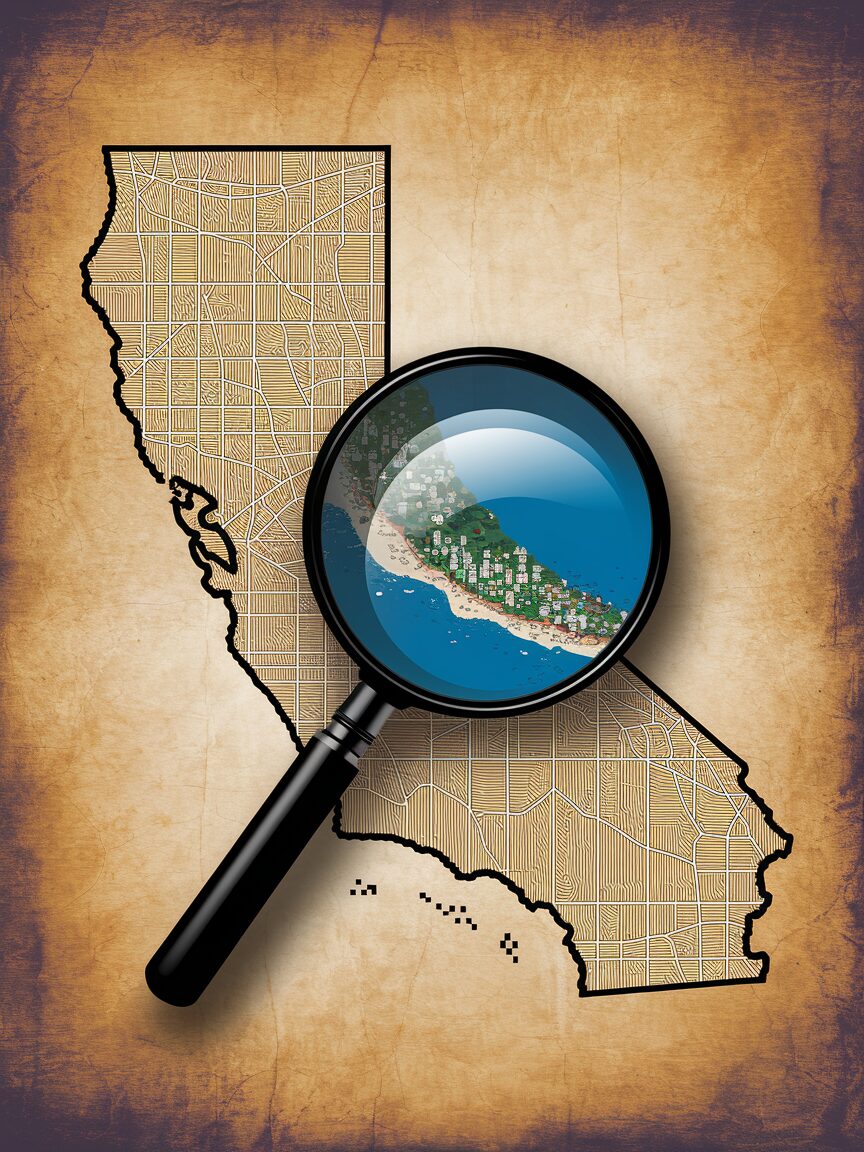 Magnifying glass over map indicating relocation planning