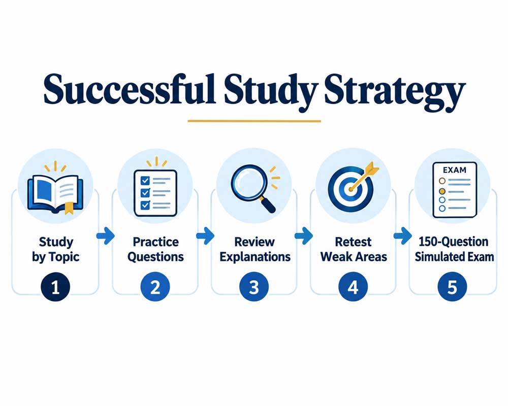 California real estate exam study strategy with topic review, practice questions, explanations, weak-area review, and simulated exam